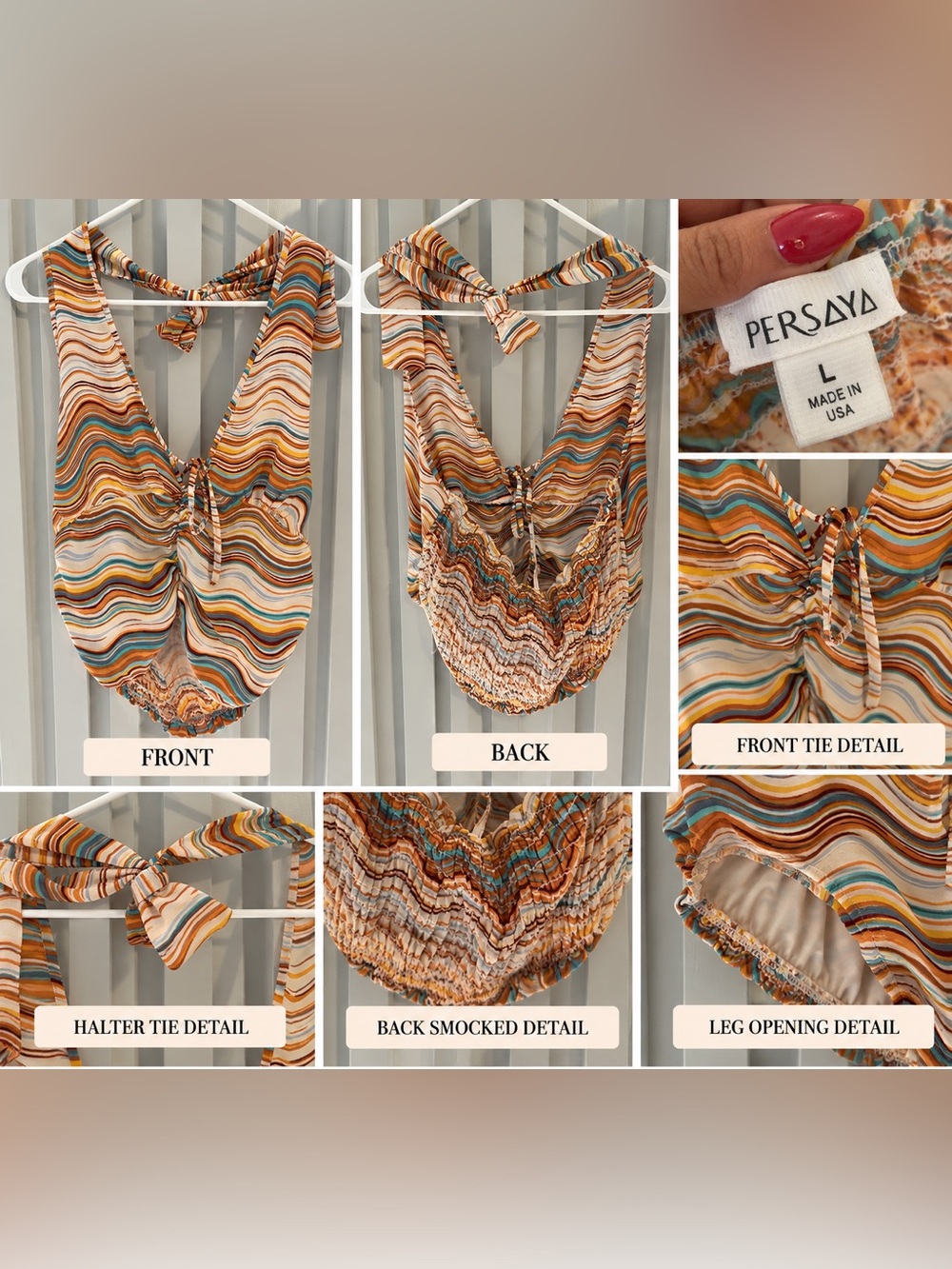Persaya Striped Tie-Back Halter Camisole in Tan, Orange & Blue